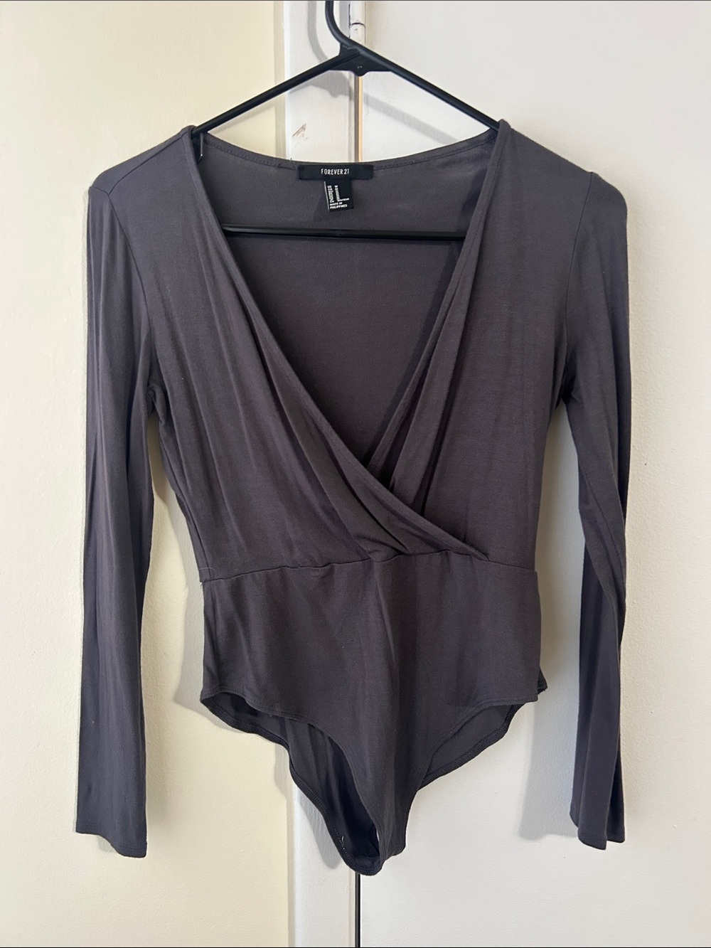 Forever 21 Charcoal Wrap Long Sleeve Bodysuit